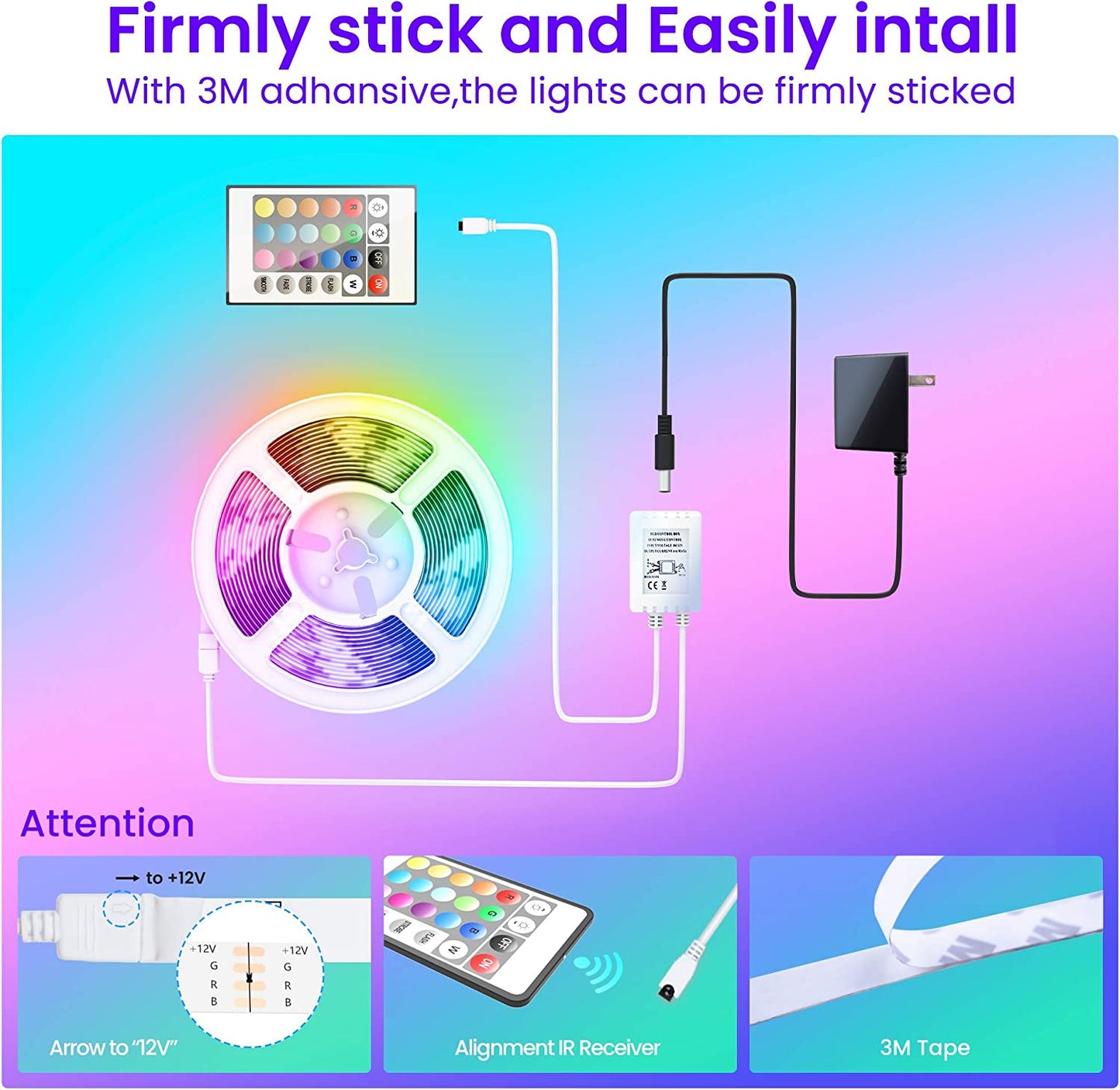 50 FT Long LED Strip Lights, Bluetooth LED Lights for Bedroom, Color Changing Light Strip with Music Sync, Smart Lights Controlled via Phone APP and IR Remote.