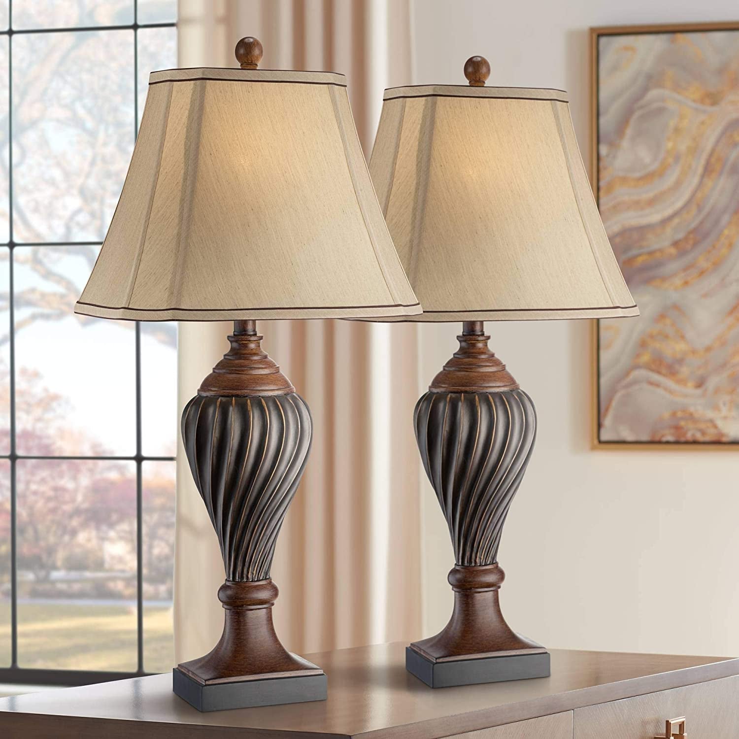 Traditional Style Table Lamps Set of 2 Carved Two Tone Dark Brown Urn Shape Beige Rectangular Shade Decor for Living Room Bedroom House Bedside Nightstand Home Office Family -