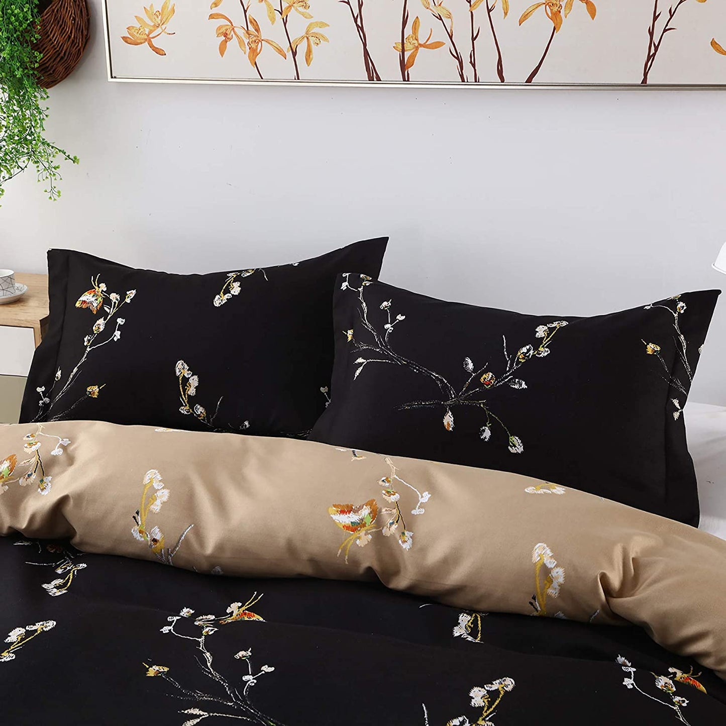 Black Duvet Cover Queen Size - 5 Piece Ultra Soft Washed Floral Duvet Cover Comforter Cover with Zipper Closure (1 Duvet Cover + 4 Pillow Shams)