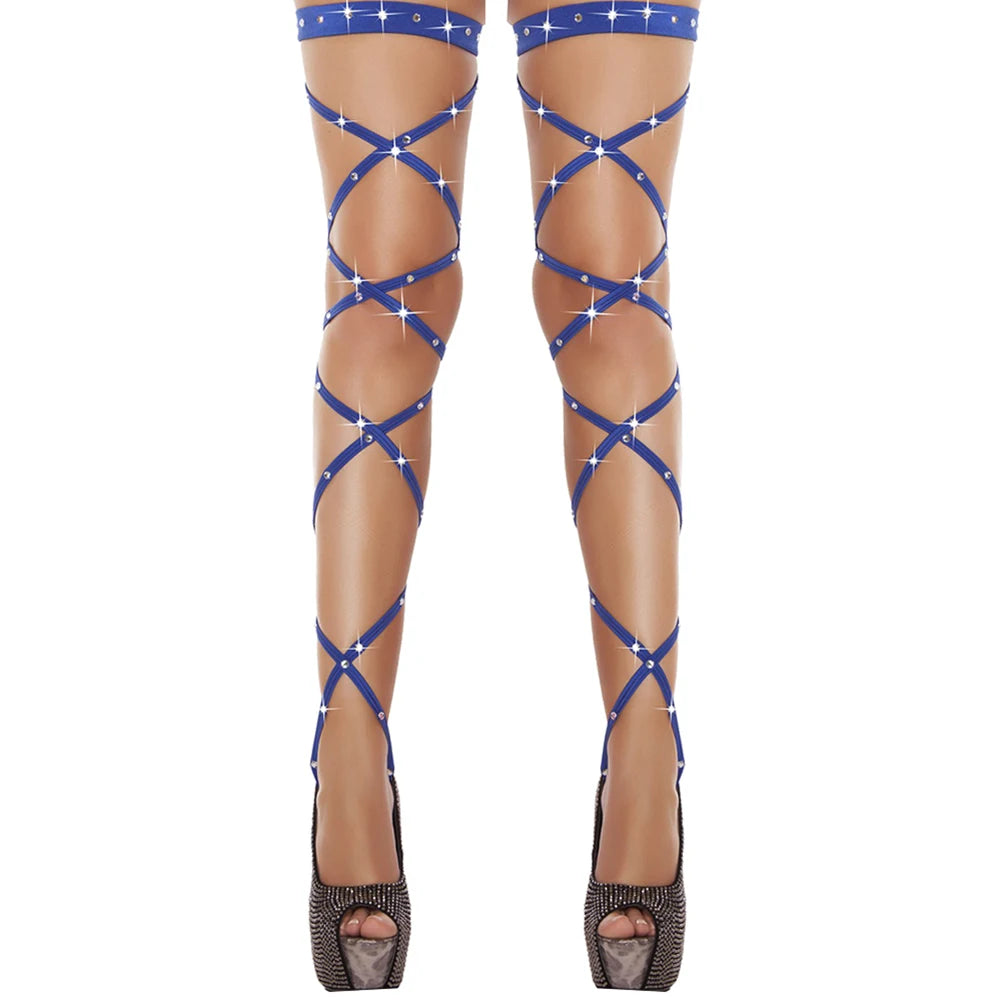 Sexy Women Lingerie Bandage Fishnet Stockings Thigh-High Studded Thigh High Leg Rave Wraps Strappy Tights