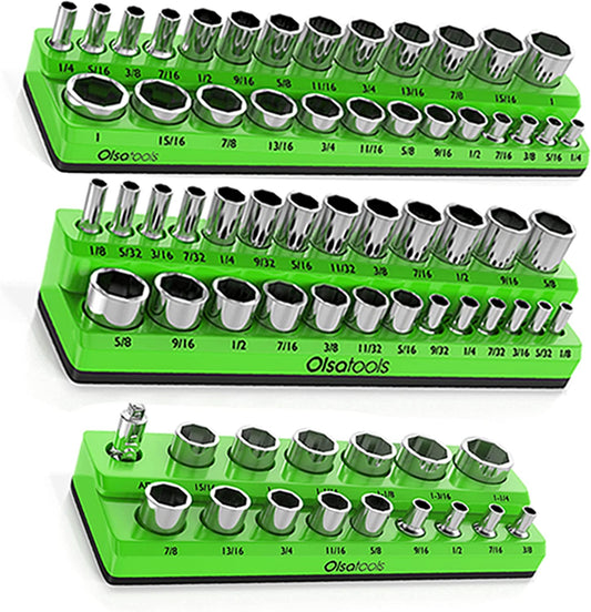 Magnetic Socket Organizer | 3 Piece Socket Holder Kit | 1/2-Inch, 3/8-Inch, & 1/4-Inch Drive | SAE Green | Holds 68 Sockets | Professional Quality Tools Organizer