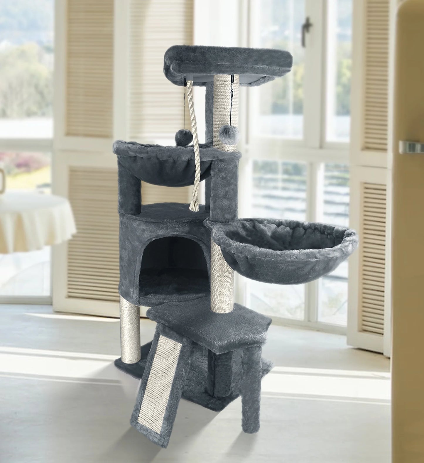 Cat Tree Cat Tower with Cat Scratching Posts,Activity Centre Climbing Tree Cat Furniture with Cat Condo and Two Hammocks,Grey