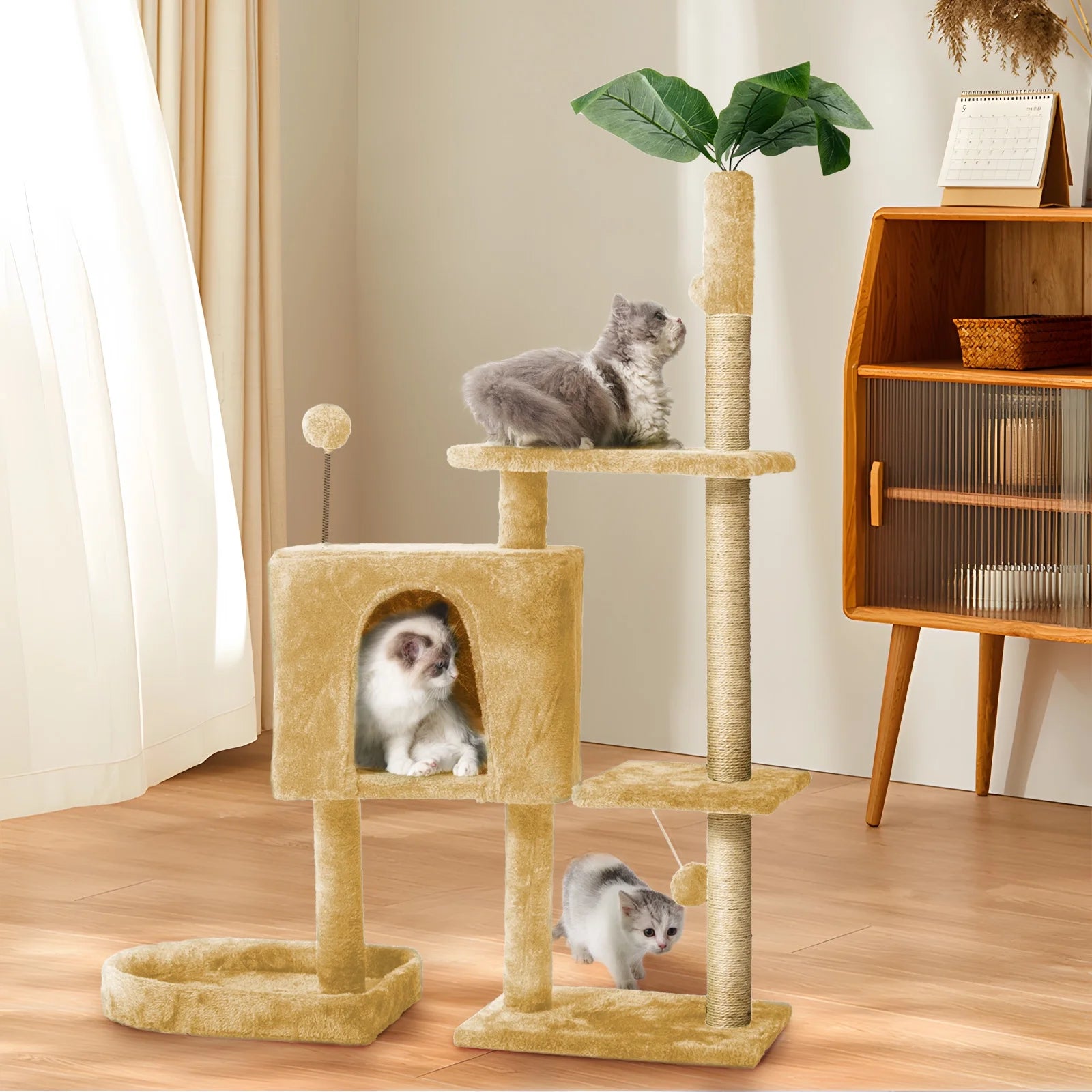 Cat Tree,52In Cat Tower for Indoor Cats, Cat Tree with Scratching Posts Plush Perch Stand, Cat Condo with Funny Toys Kittens Pet Play House,Pink