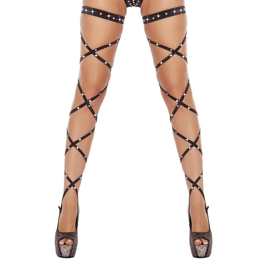 Sexy Women Lingerie Bandage Fishnet Stockings Thigh-High Studded Thigh High Leg Rave Wraps Strappy Tights