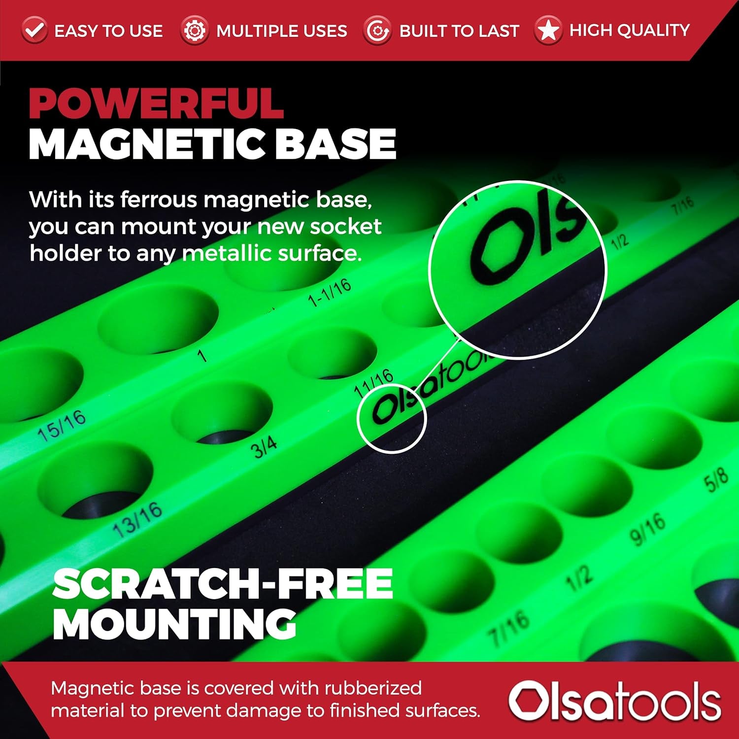 Magnetic Socket Organizer | 3 Piece Socket Holder Kit | 1/2-Inch, 3/8-Inch, & 1/4-Inch Drive | SAE Green | Holds 68 Sockets | Professional Quality Tools Organizer