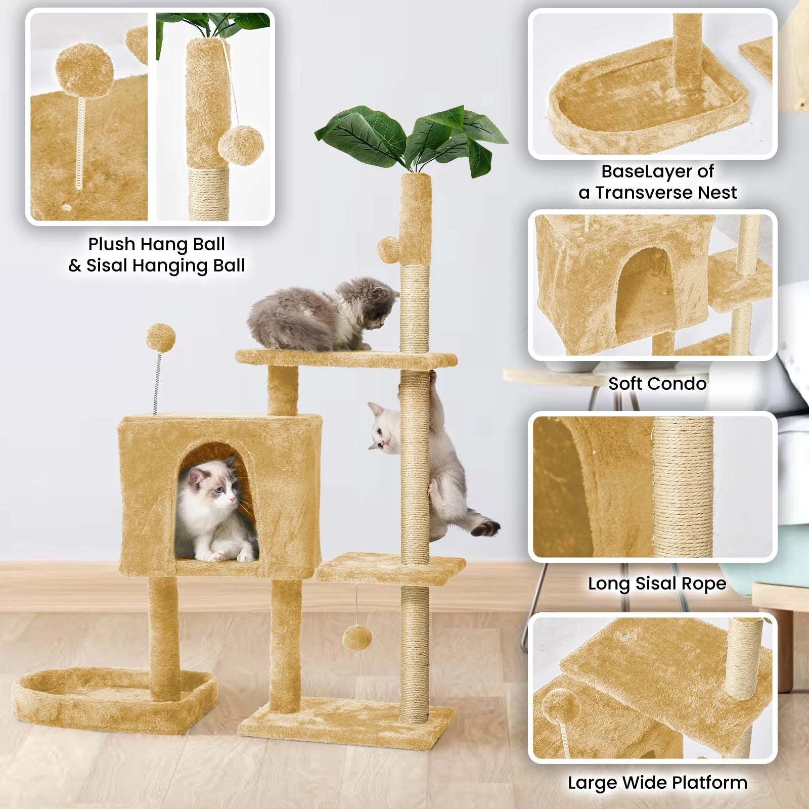 Cat Tree,52In Cat Tower for Indoor Cats, Cat Tree with Scratching Posts Plush Perch Stand, Cat Condo with Funny Toys Kittens Pet Play House,Pink