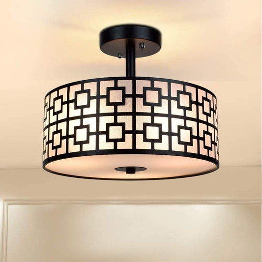 Modern Semi Flush Ceiling Light Fixture, 3-Light Bedroom Ceiling Drum Light, Entry Light Fixtures Ceiling Hanging for Dining Room, Kitchen, Hallway, Entry, Foyer, Living Room, Black Finish