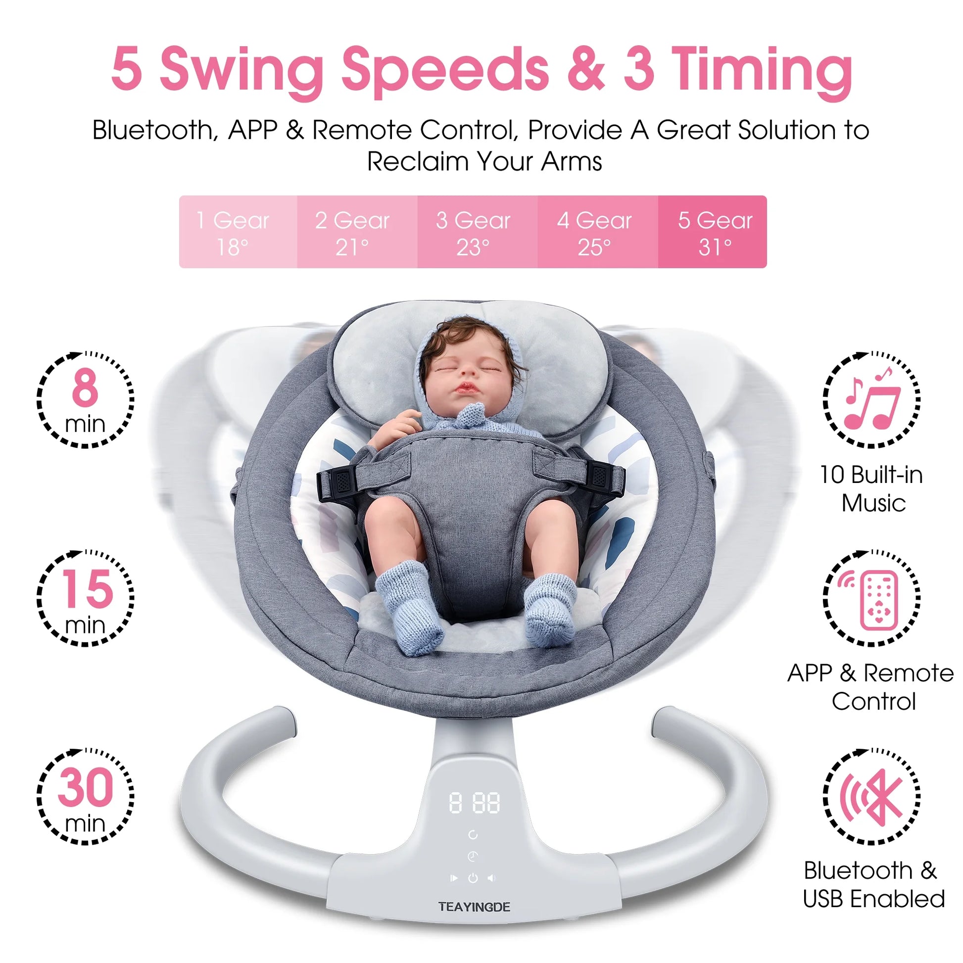 Baby Swing for Infants - APP Remote Bluetooth Control, 5 Speed Settings, 10 Lullabies, USB Plug (Gray)