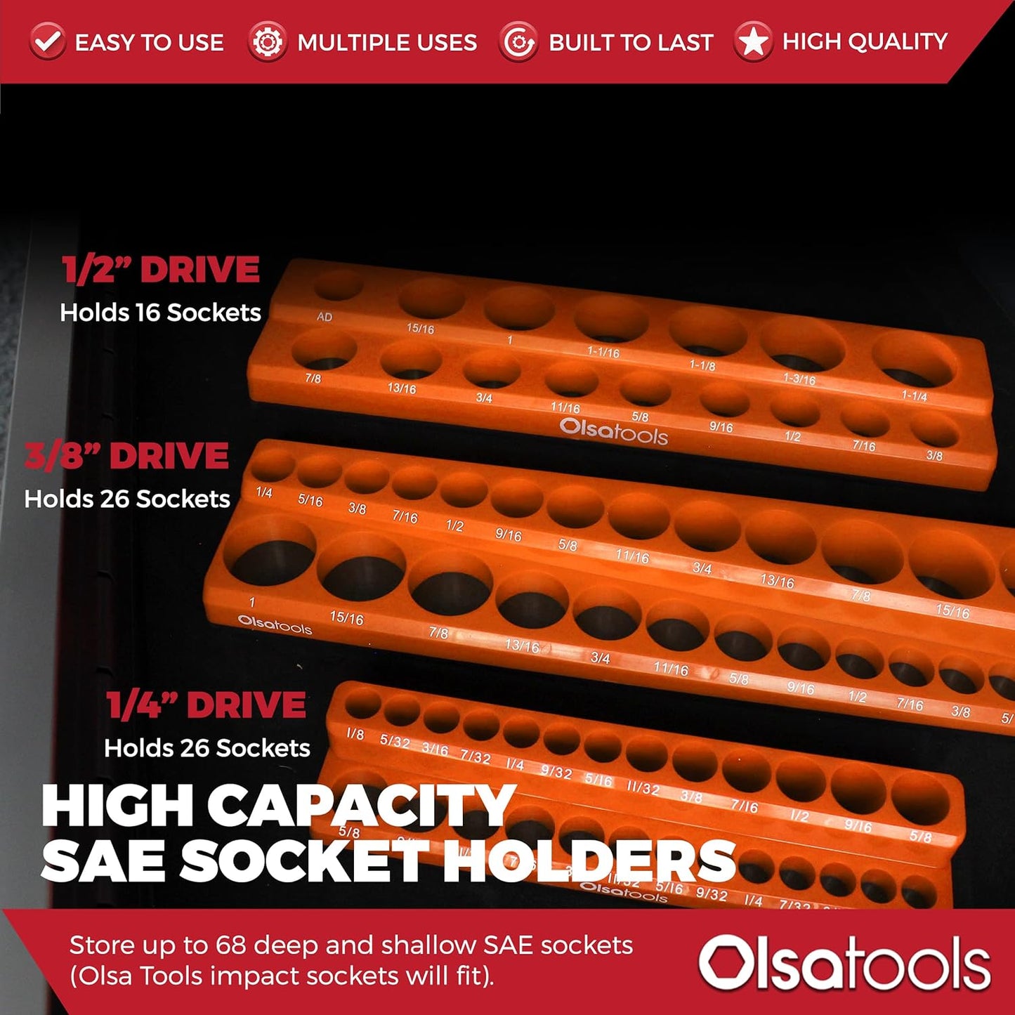 Magnetic Socket Organizer | 3 Piece Socket Holder Kit | 1/2-Inch, 3/8-Inch, & 1/4-Inch Drive | SAE Orange | Holds 68 Sockets | Professional Quality Tools Organizer