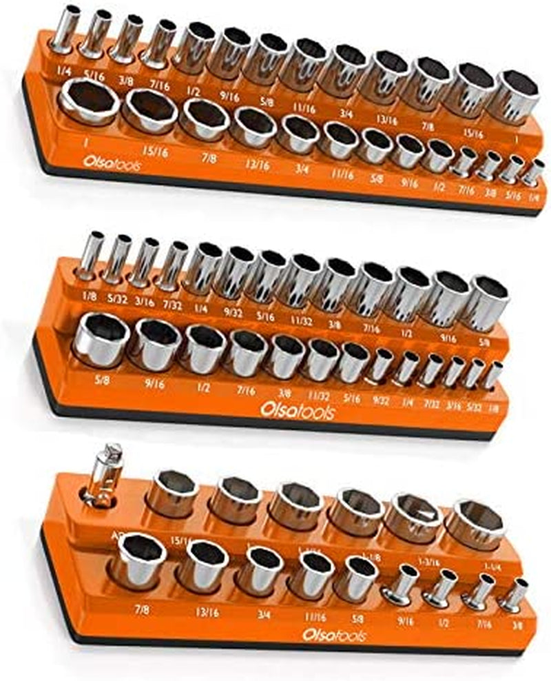 Magnetic Socket Organizer | 3 Piece Socket Holder Kit | 1/2-Inch, 3/8-Inch, & 1/4-Inch Drive | SAE Orange | Holds 68 Sockets | Professional Quality Tools Organizer