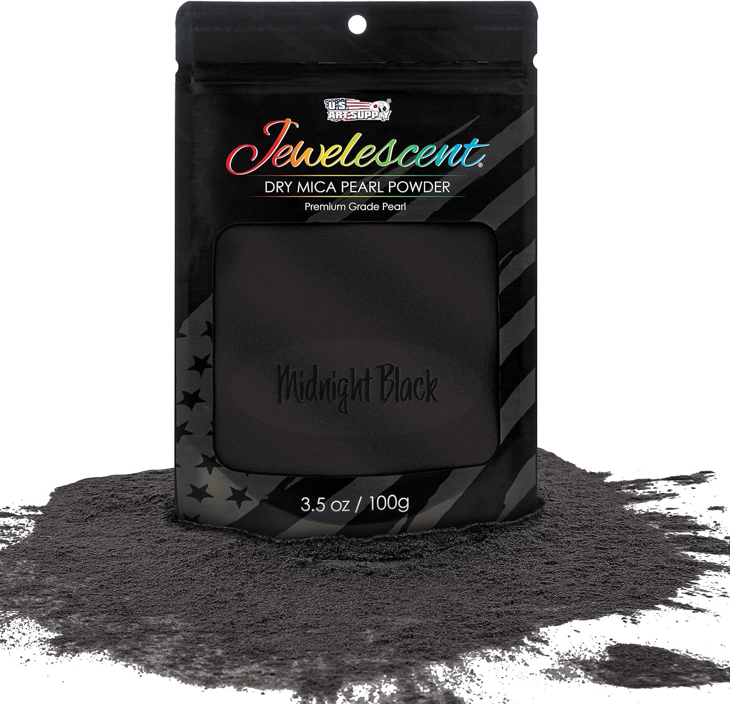 Jewelescent Midnight Black Mica Pearl Powder Pigment, 3.5 Oz (100G) Sealed Pouch - Cosmetic Grade, Metallic Color Dye - Paint, Epoxy, Resin, Soap, Slime Making, Makeup, Art