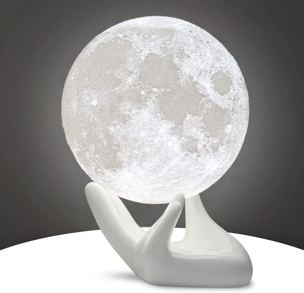 Moon Lamp, 3.5 Inch 3D Printing Lunar Lamp Night Light with White Hand Stand as Kids Women Girls Boy Birthday Gift, USB Charging Touch Control Brightness Two Tone Warm Cool White