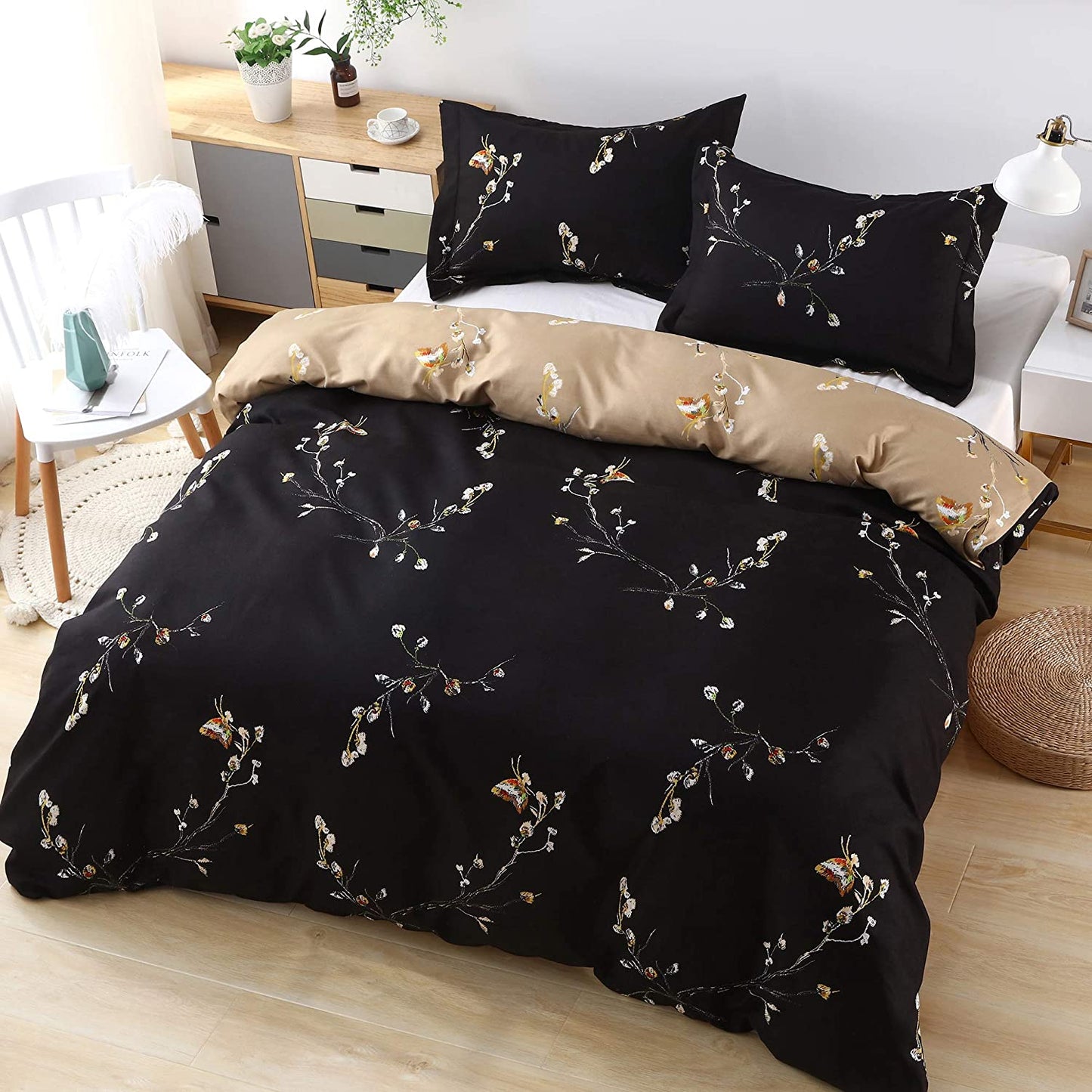 Black Duvet Cover Queen Size - 5 Piece Ultra Soft Washed Floral Duvet Cover Comforter Cover with Zipper Closure (1 Duvet Cover + 4 Pillow Shams)