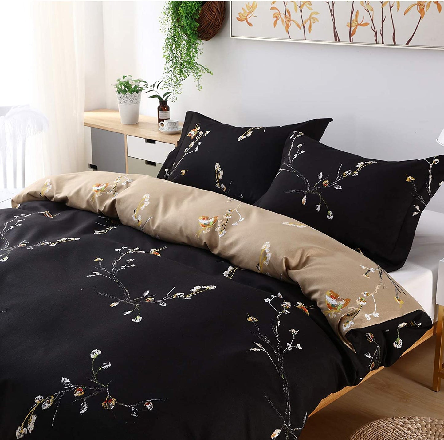 Black Duvet Cover Queen Size - 5 Piece Ultra Soft Washed Floral Duvet Cover Comforter Cover with Zipper Closure (1 Duvet Cover + 4 Pillow Shams)