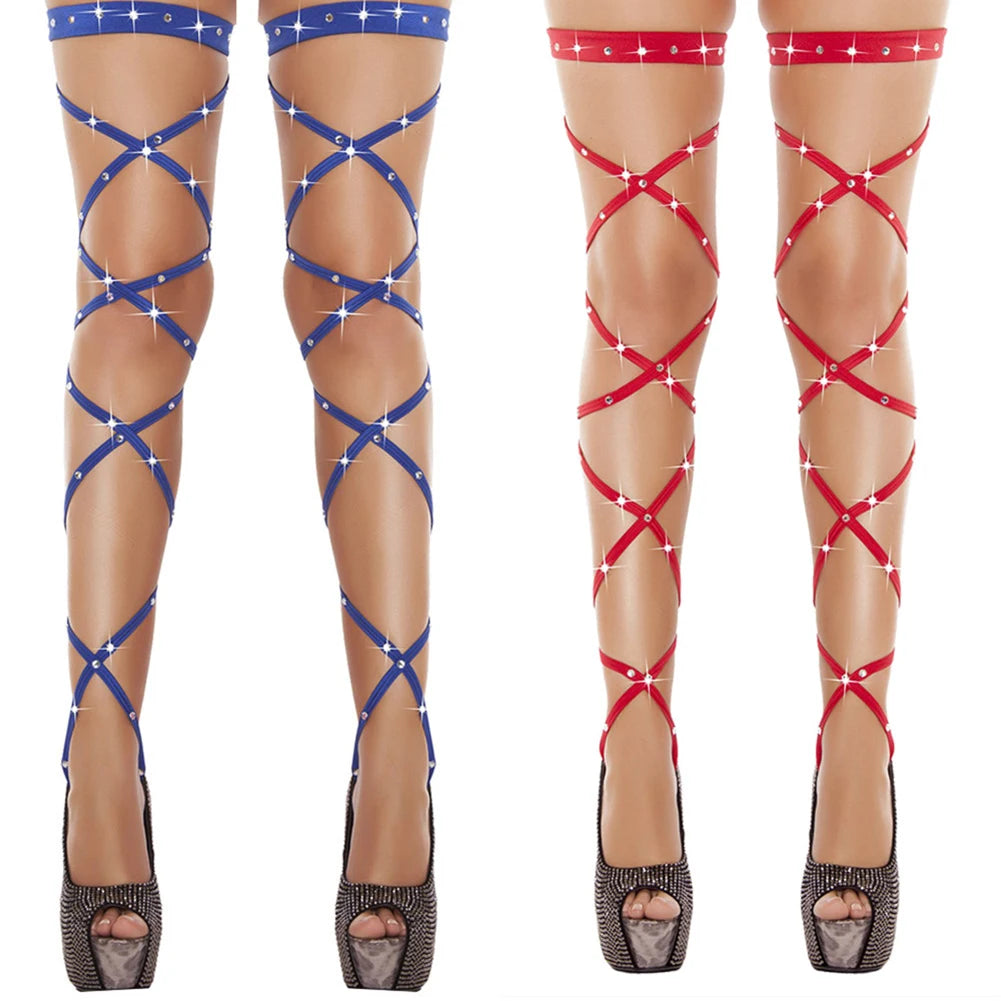 Sexy Women Lingerie Bandage Fishnet Stockings Thigh-High Studded Thigh High Leg Rave Wraps Strappy Tights