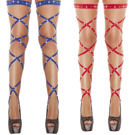 Sexy Women Lingerie Bandage Fishnet Stockings Thigh-High Studded Thigh High Leg Rave Wraps Strappy Tights