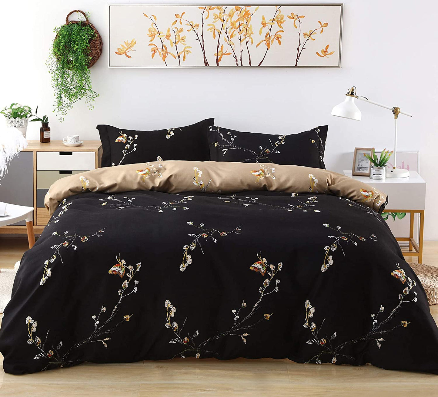 Black Duvet Cover Queen Size - 5 Piece Ultra Soft Washed Floral Duvet Cover Comforter Cover with Zipper Closure (1 Duvet Cover + 4 Pillow Shams)