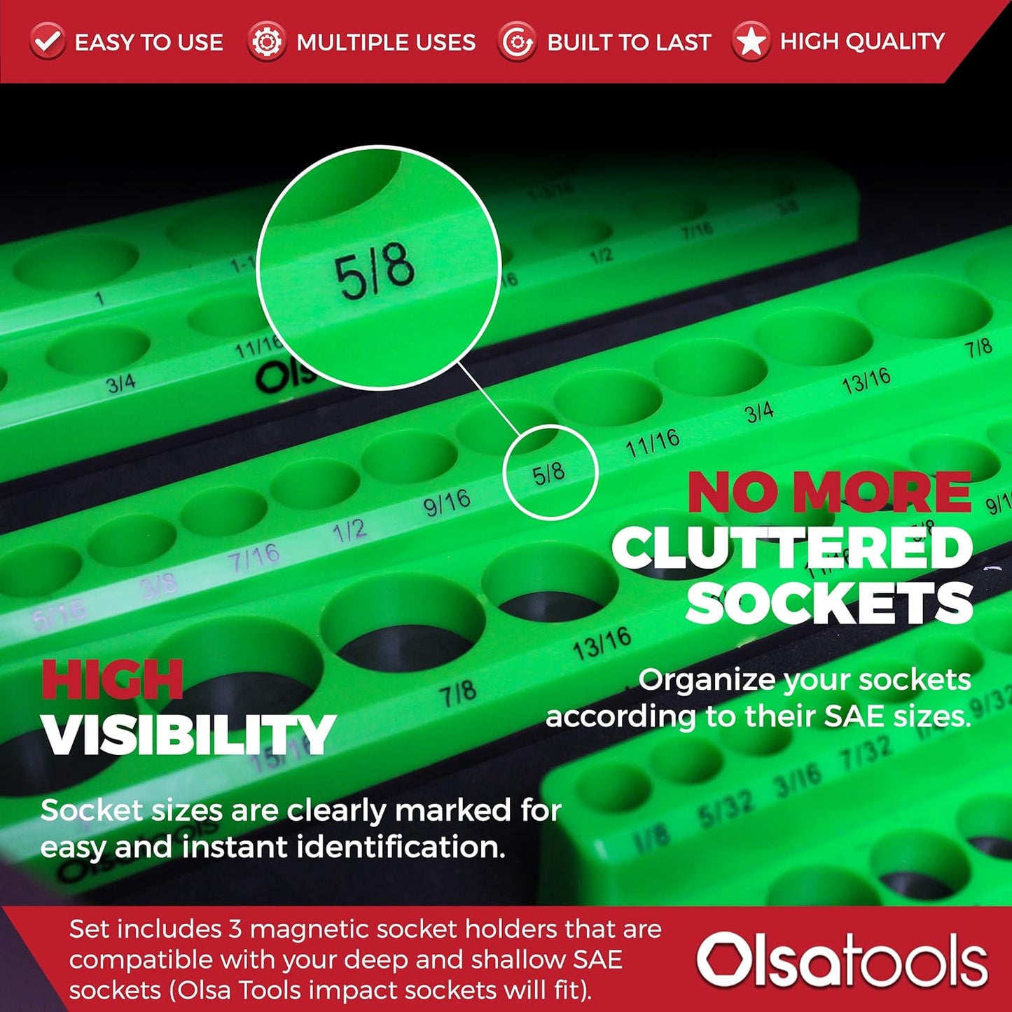 Magnetic Socket Organizer | 3 Piece Socket Holder Kit | 1/2-Inch, 3/8-Inch, & 1/4-Inch Drive | SAE Green | Holds 68 Sockets | Professional Quality Tools Organizer