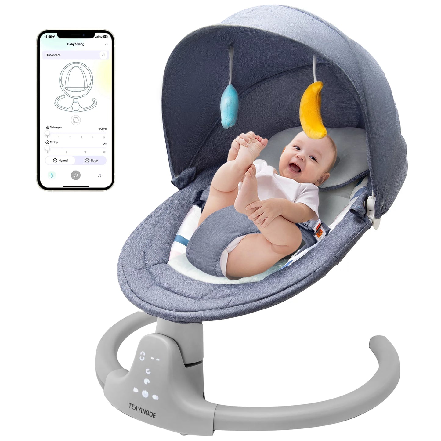 Baby Swing for Infants - APP Remote Bluetooth Control, 5 Speed Settings, 10 Lullabies, USB Plug (Gray)