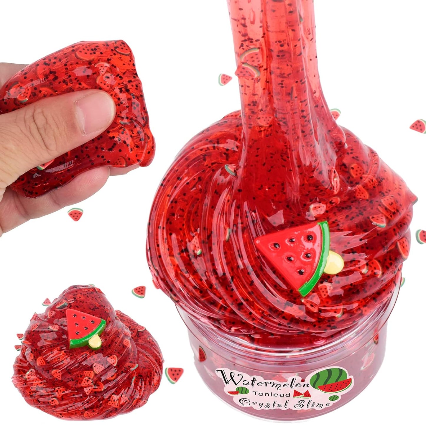 Watermelon Slime with Glitters, 7Oz Soft Jelly Slime Non Sticky Premade Clear Crystal Slime for Girls Boys, DIY Cotton Mud Bubble Slime Stretchy Putty Kids Birthday (Red)