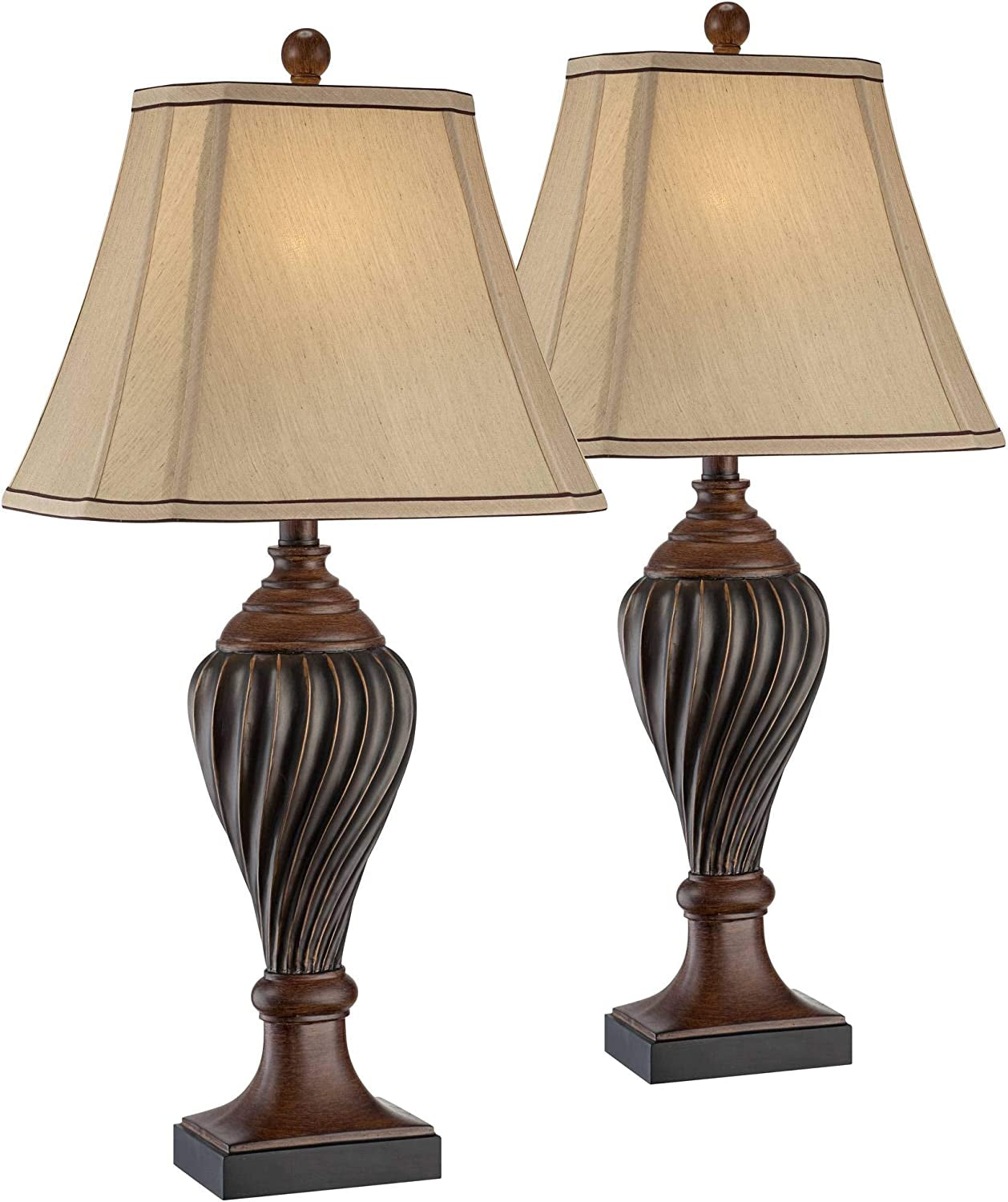 Traditional Style Table Lamps Set of 2 Carved Two Tone Dark Brown Urn Shape Beige Rectangular Shade Decor for Living Room Bedroom House Bedside Nightstand Home Office Family -