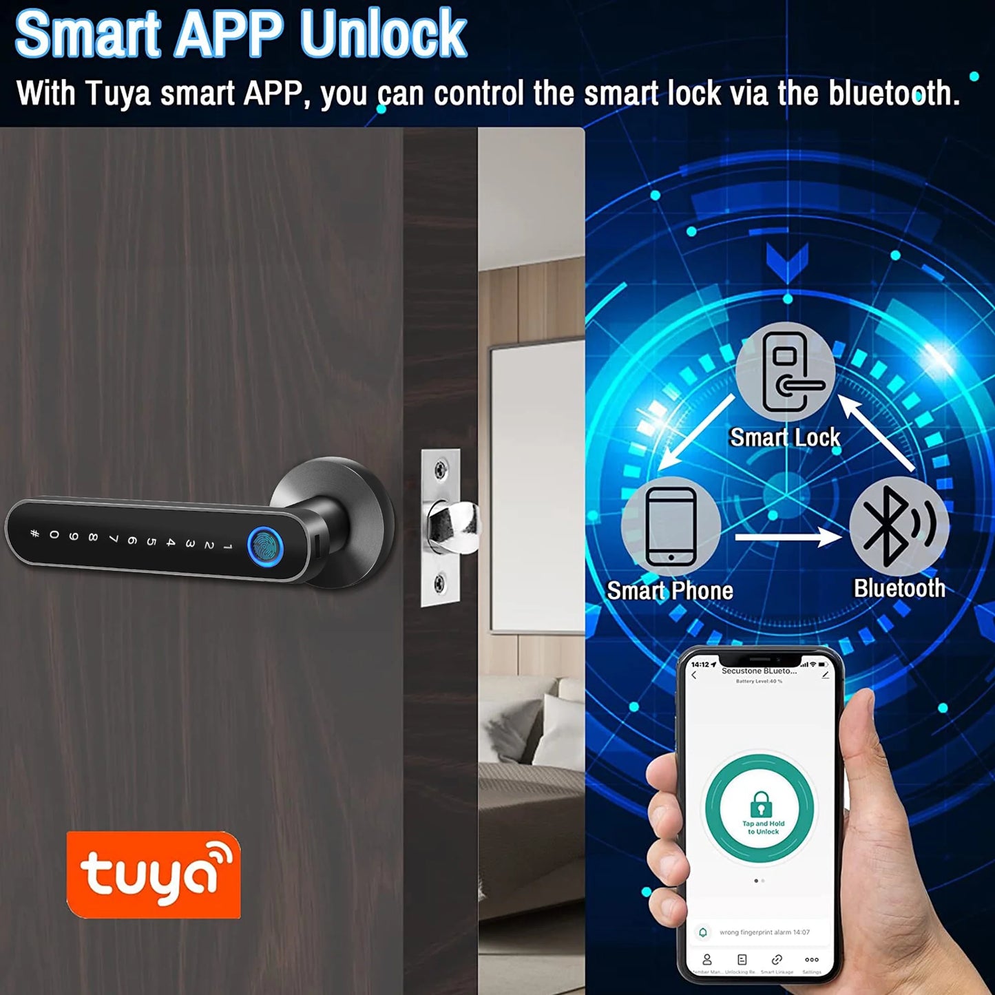 Smart Door Lock,Keyless Entry Door Lock with Handle,Fingerprint Door Lock with Tuya App,Smart Door Knob with Key for Home Bedroom