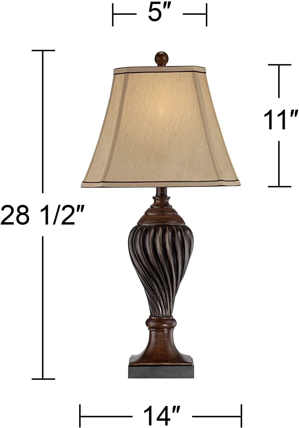 Traditional Style Table Lamps Set of 2 Carved Two Tone Dark Brown Urn Shape Beige Rectangular Shade Decor for Living Room Bedroom House Bedside Nightstand Home Office Family -