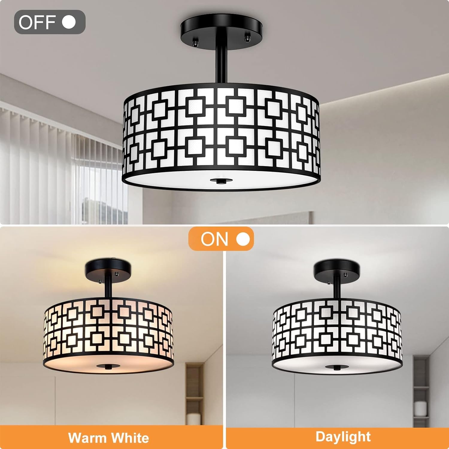 Modern Semi Flush Ceiling Light Fixture, 3-Light Bedroom Ceiling Drum Light, Entry Light Fixtures Ceiling Hanging for Dining Room, Kitchen, Hallway, Entry, Foyer, Living Room, Black Finish