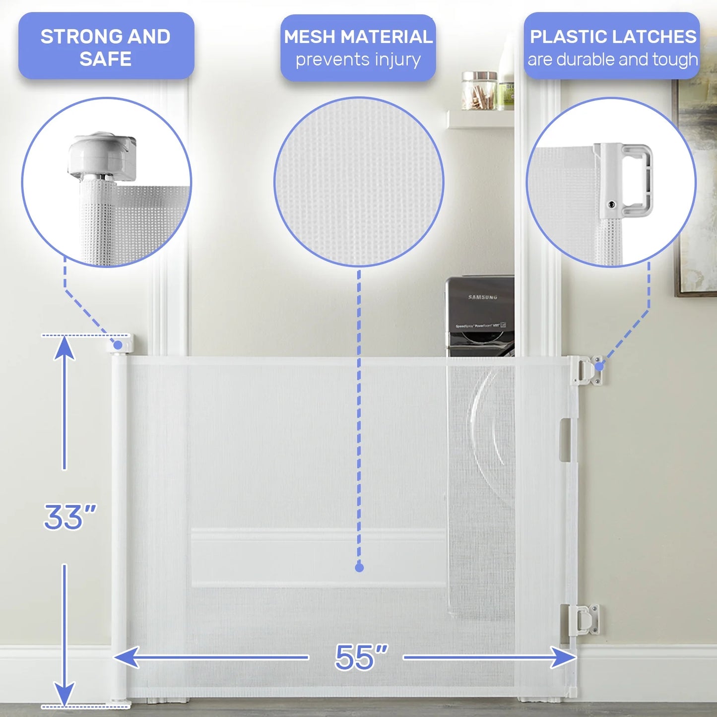 Retractable Baby Gates, Mesh Pet Gate 33" Tall, Extends to 55" Wide,White