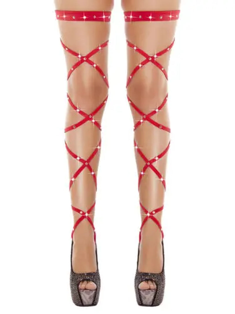 Sexy Women Lingerie Bandage Fishnet Stockings Thigh-High Studded Thigh High Leg Rave Wraps Strappy Tights